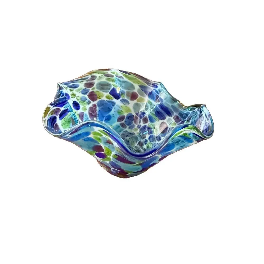 Glass Eye Studio Wave Bowl Bluebonnet Ruffled Hand Blown Art Glass Spatter 6